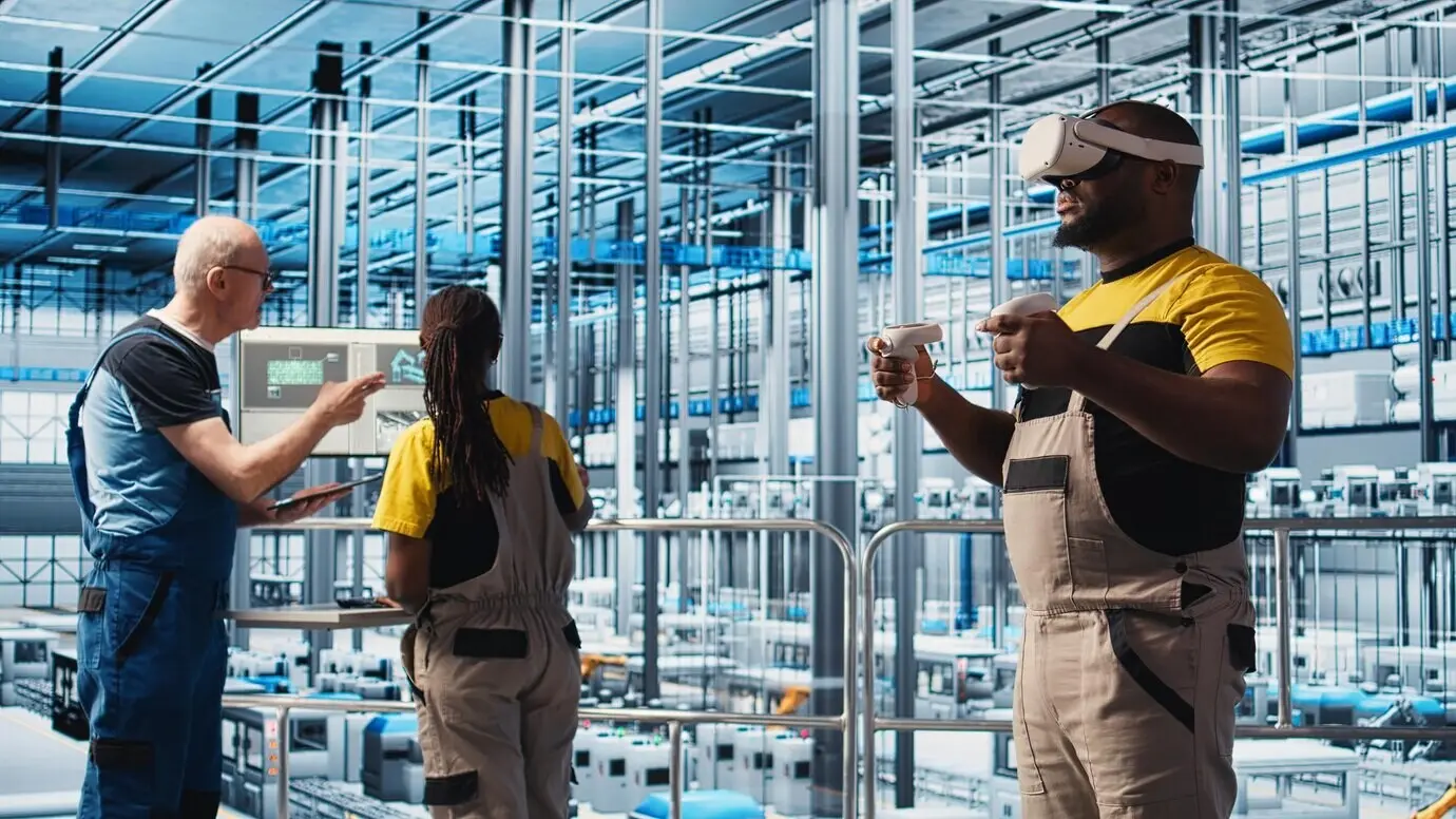Ingeniero utilizando tecnología de realidad virtual en una planta de paneles solares de Industria 4.0.