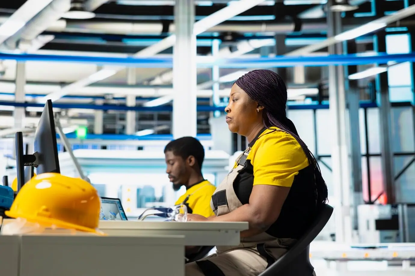 Un técnico supervisa los datos de fabricación en un PC en una fábrica de paneles solares.